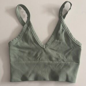 Stylish Ribbed V-Neck Crop Top - Sage Green